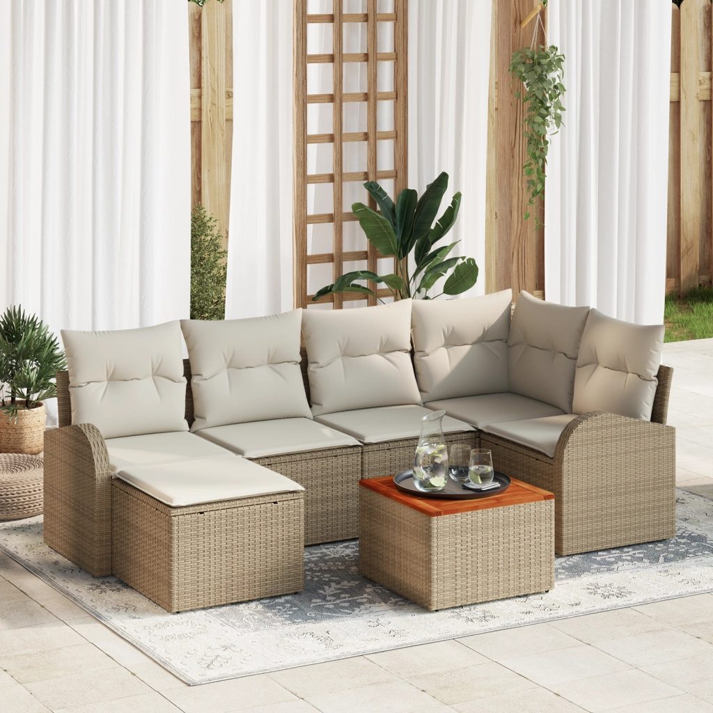 Set da Giardino 7 Pezzi con Cuscini Beige Rattan Poliestere