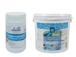 PASTIGLIE POLIFUNZIONE (CLORO, FLOCCULANTE, ANTIALGHE)  Kg.10 in secchio (pastiglie da gr.200 l'una)    AILANTO