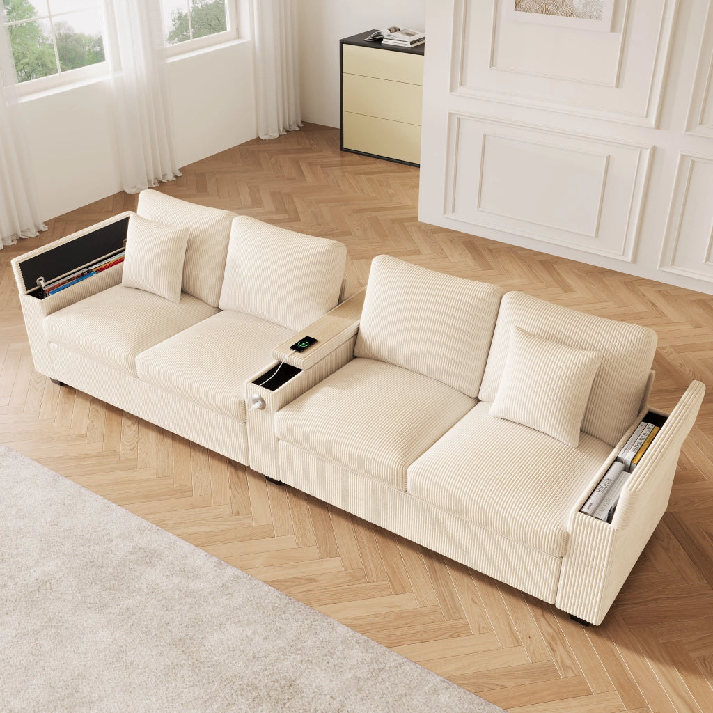 Divano 4 posti in velluto a coste con USB e USB-C bracciolo pieghevole vano contenitore beige 299 × 80 × 82,7 cm