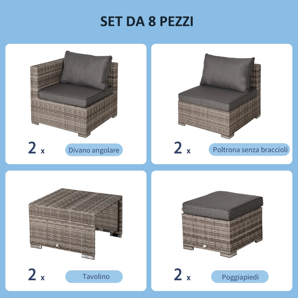 EasyComfort Salotto da Esterno in Rattan PE da 8 Pezzi, Set Mobili da Giardino Salvaspazio con Poltrone, Tavolini e Sgabelli, Grigio
