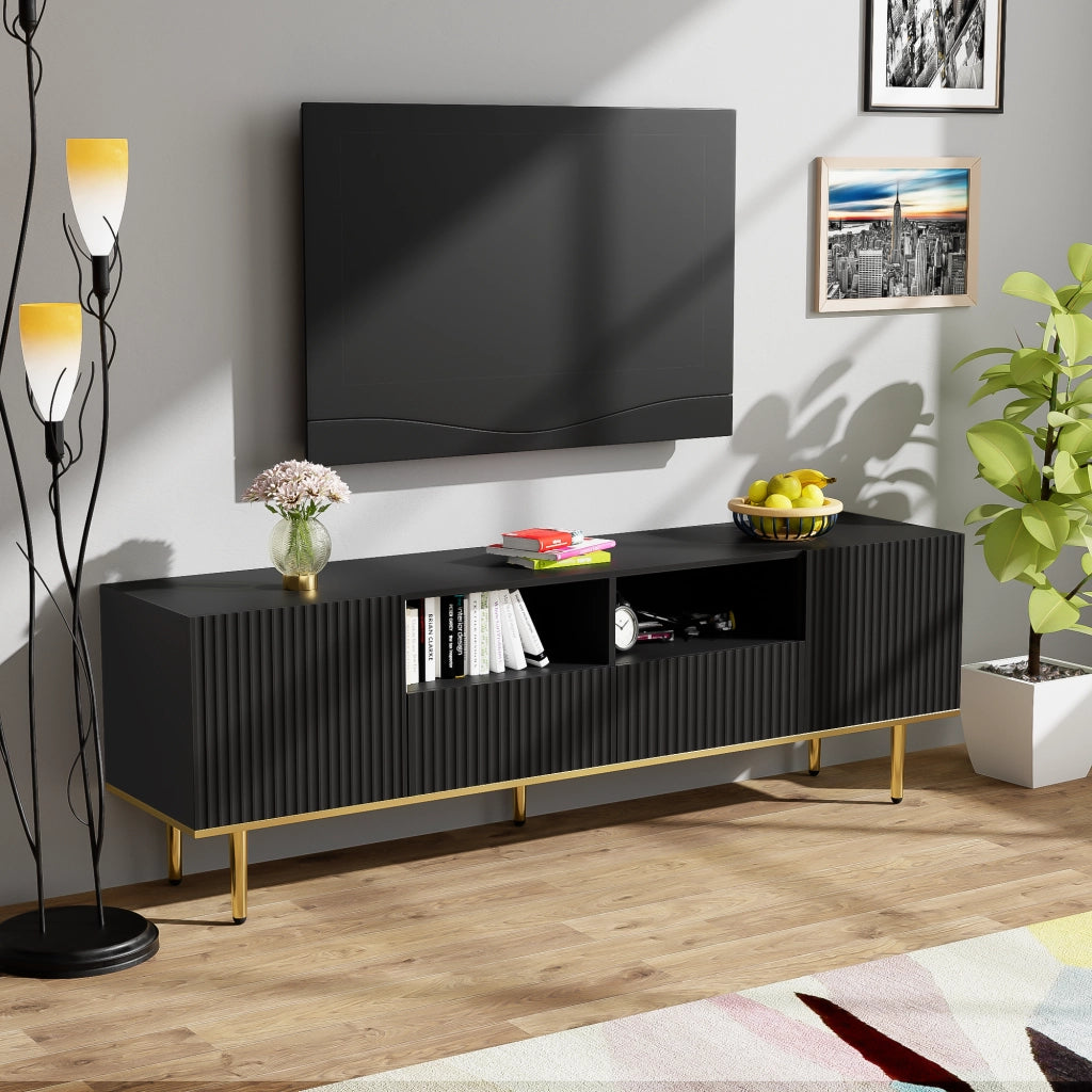 OKWISH Mobile TV con 2 Vani e 2 Cassetti, Apertura a Pressione, per Soggiorno, Pannello di Particelle, Nero, 165×36×55 cm