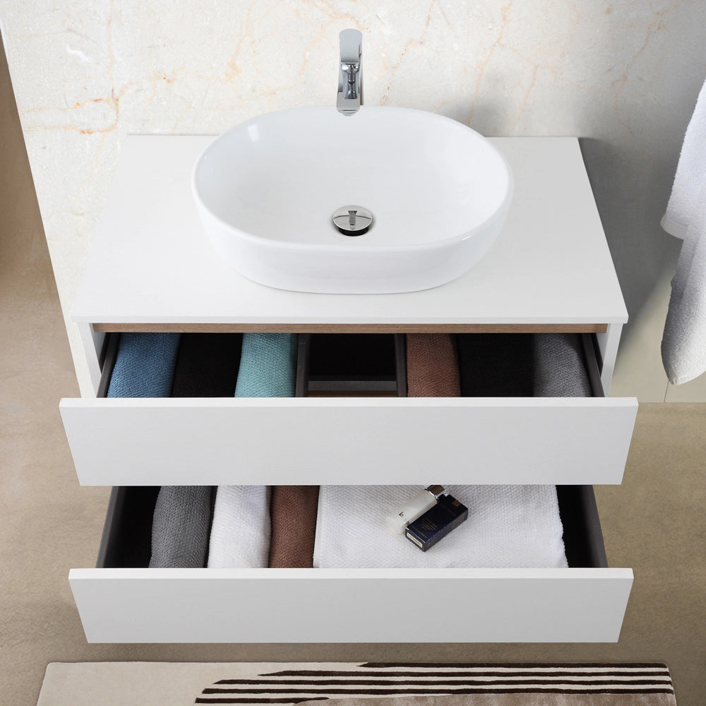 Mobile bagno sospeso 80 cm bianco e rovere con cassetti soft-close Kleo
