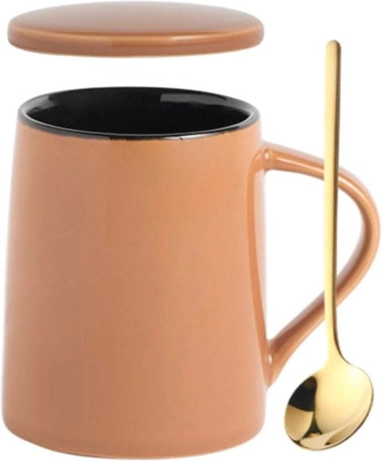 Set di Caffè Ceramico Minimale con Coperchio e Cucchiaio - Tazze da Caffè Moderne 400 ml per Casa e Ufficio