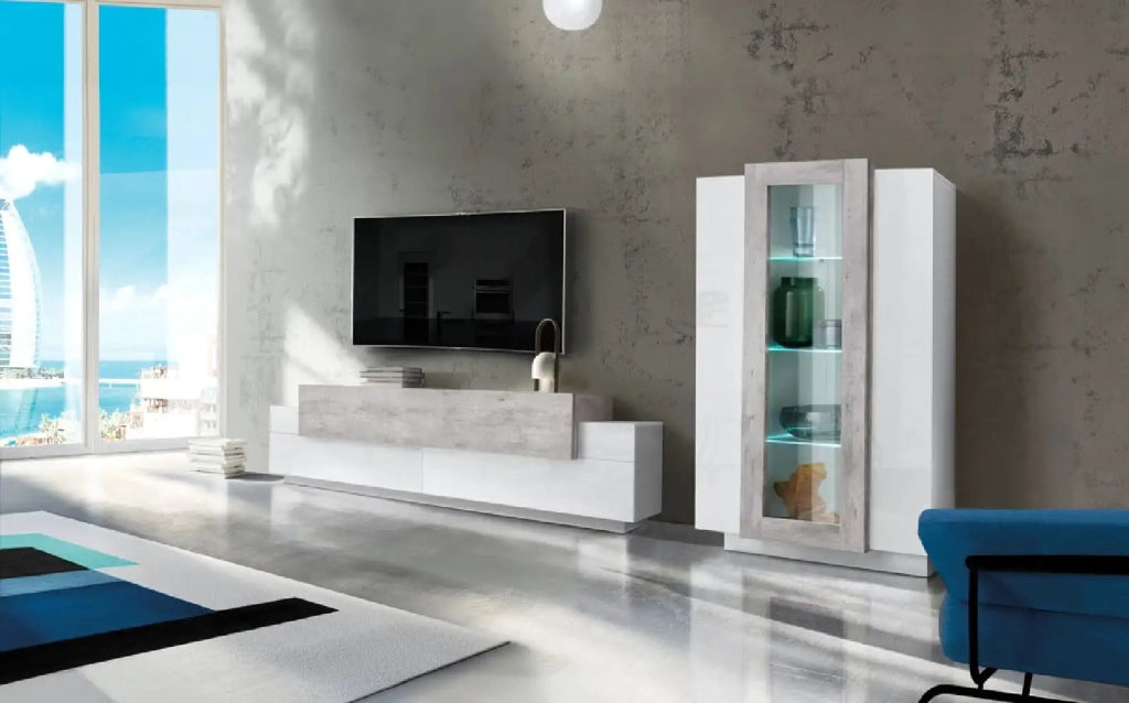 Parete attrezzata soggiorno bianco grigio mobile porta TV vetrina Corona