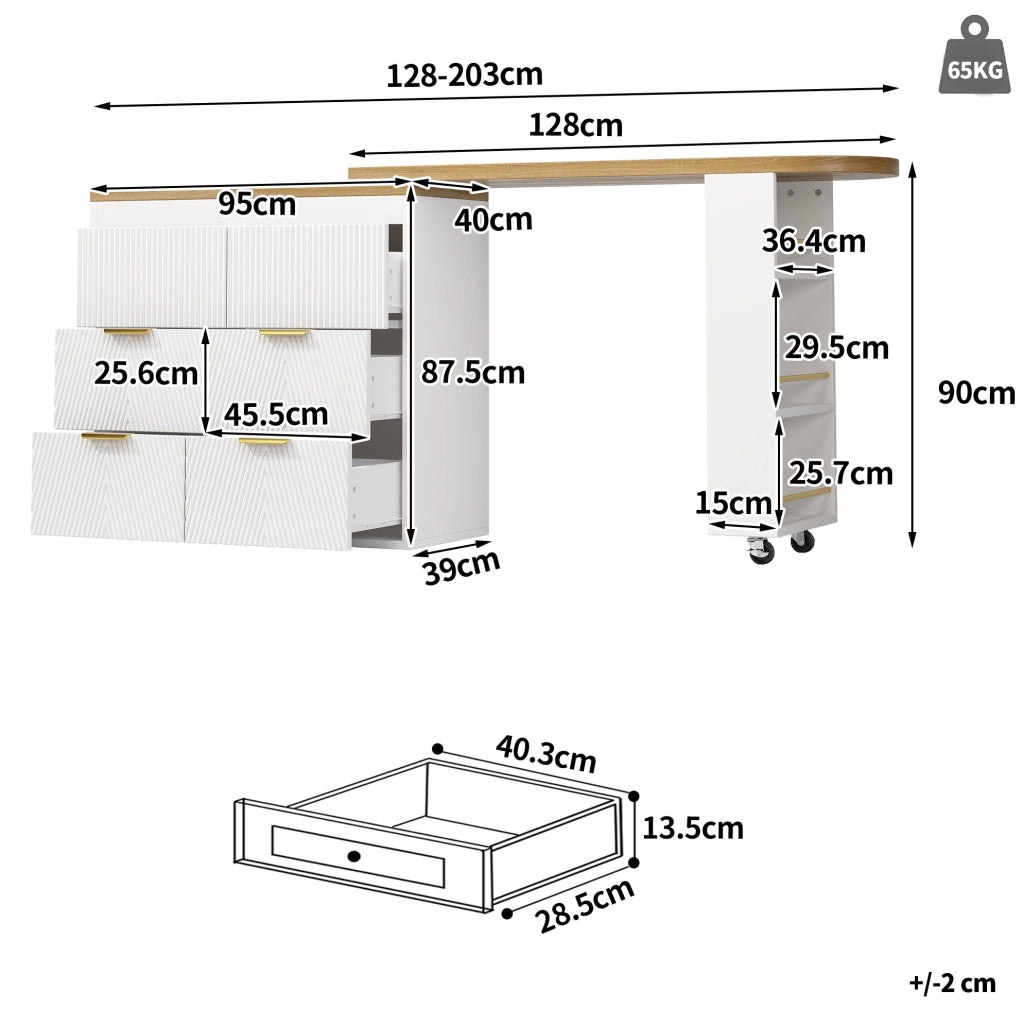 Bartisch mit 6 Schubladen und Kippsicherung, drehbar 360°, MDF Sideboard für Küche, Wohnzimmer oder Homeoffice