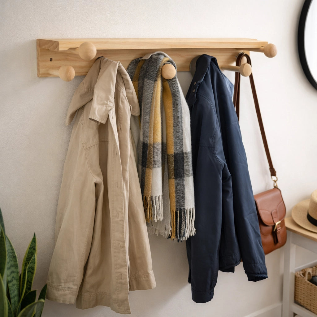 Mensola Appendiabiti in Legno Naturale 40 cm con 6 Ganci da Parete | 74212