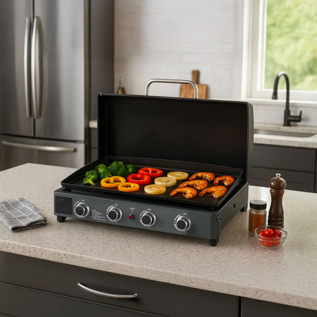 Piastra di Cottura Plancha a Gas 140x54,5x96 cm Potenza 10 kW con Coperchio in Acciaio Nero