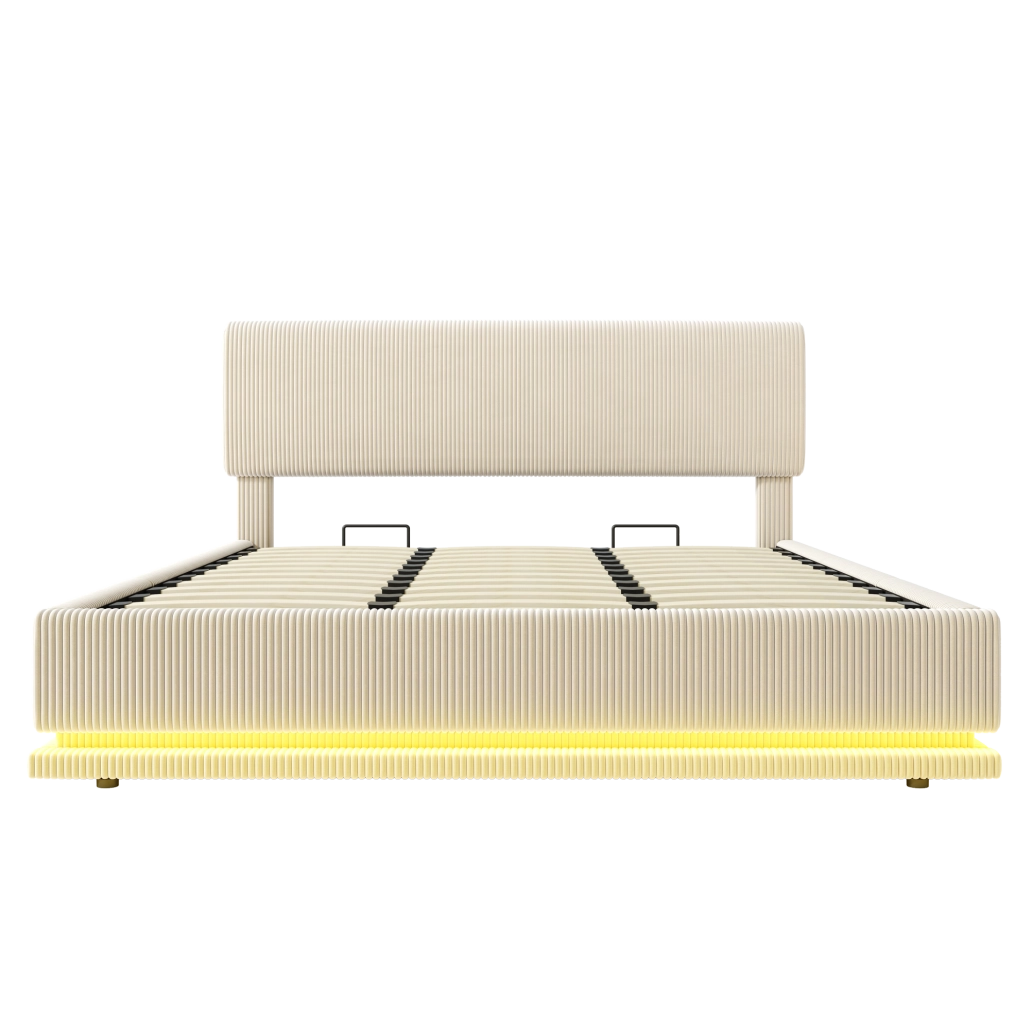 Letto matrimoniale imbottito 180x200 cm in tessuto corduroy beige; testiera regolabile con LED e USB-C