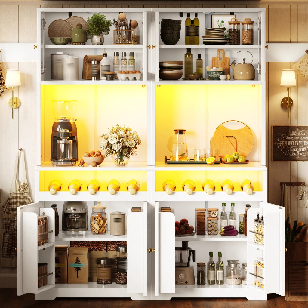 Set di 2 credenze alte con LED RGB app, ante in vetro, portabottiglie e ripiani regolabili per cucina 140 × 38,3 × 180 cm