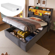Letto Singolo 90x200cm - Xylo - Testiera LED Idraulica con 4 Porte Ricarica, Tessuto Lino Grigio