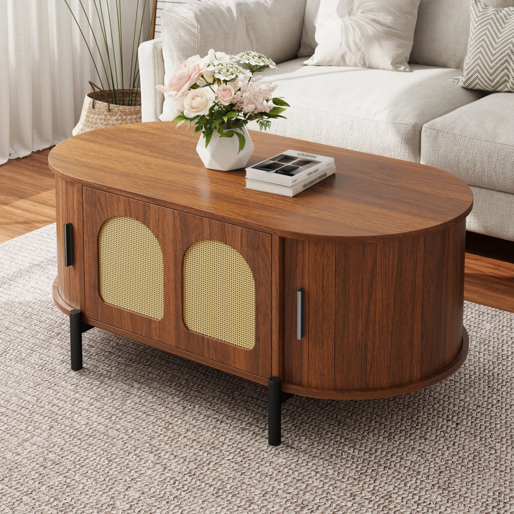 Tavolino da salotto 100x50x40 cm; ante scorrevoli e spazio contenitivo; MDF; noce