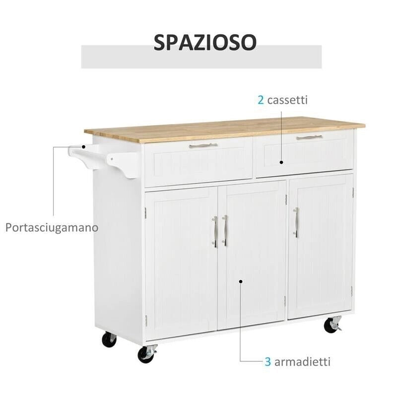 CARRELLO DA CUCINA MULTIUSO IN LEGNO 121X46X91CM BIANCO E MARRONE
