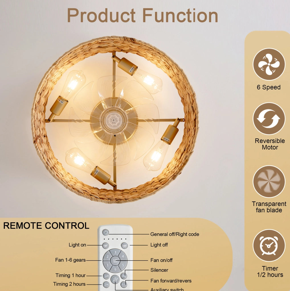 Ventilatore da soffitto con lampada 19 pollici in rattan; controllo Bluetooth e telecomando; rame