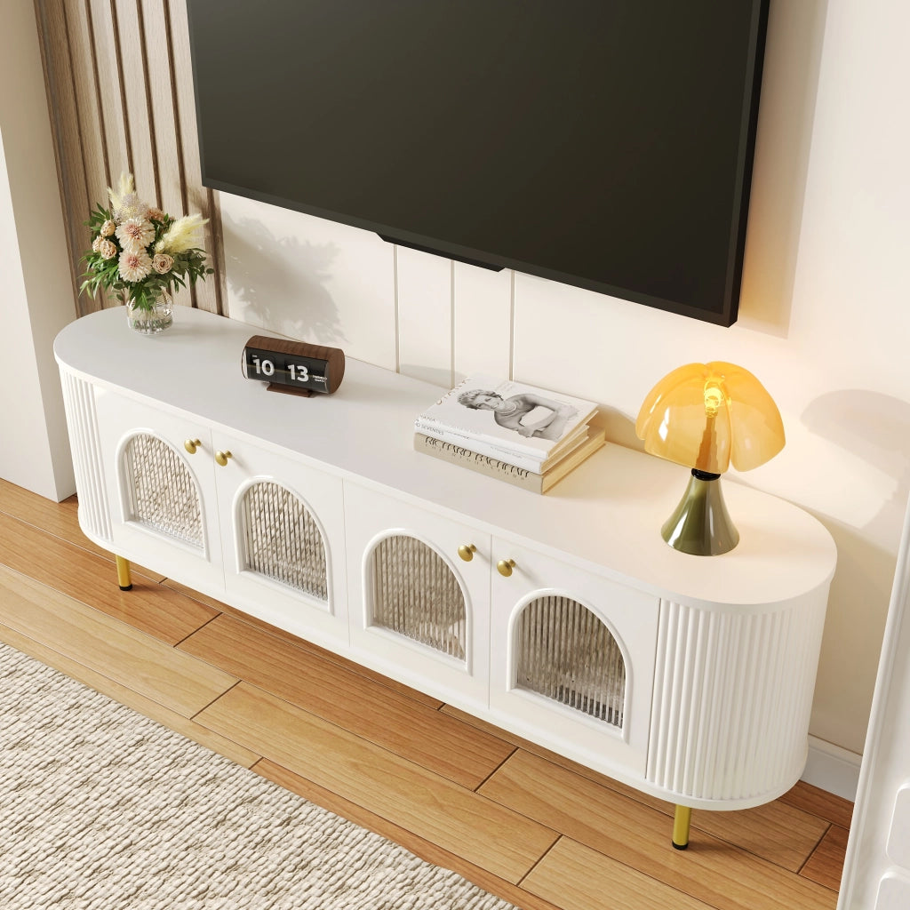 Mobile TV 170x35x55 cm; ante in vetro e passacavi; MDF bianco oro
