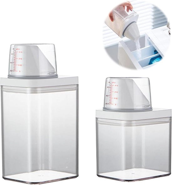 Sistema di stoccaggio per detersivo con misurino, alta capacità, detersivo in polvere, scatola di conservazione, dispensatore di detersivo riciclabile, box multifunzionale trasparente per detersivo in polvere, profumo per bucato, 1100 ml + 700 ml