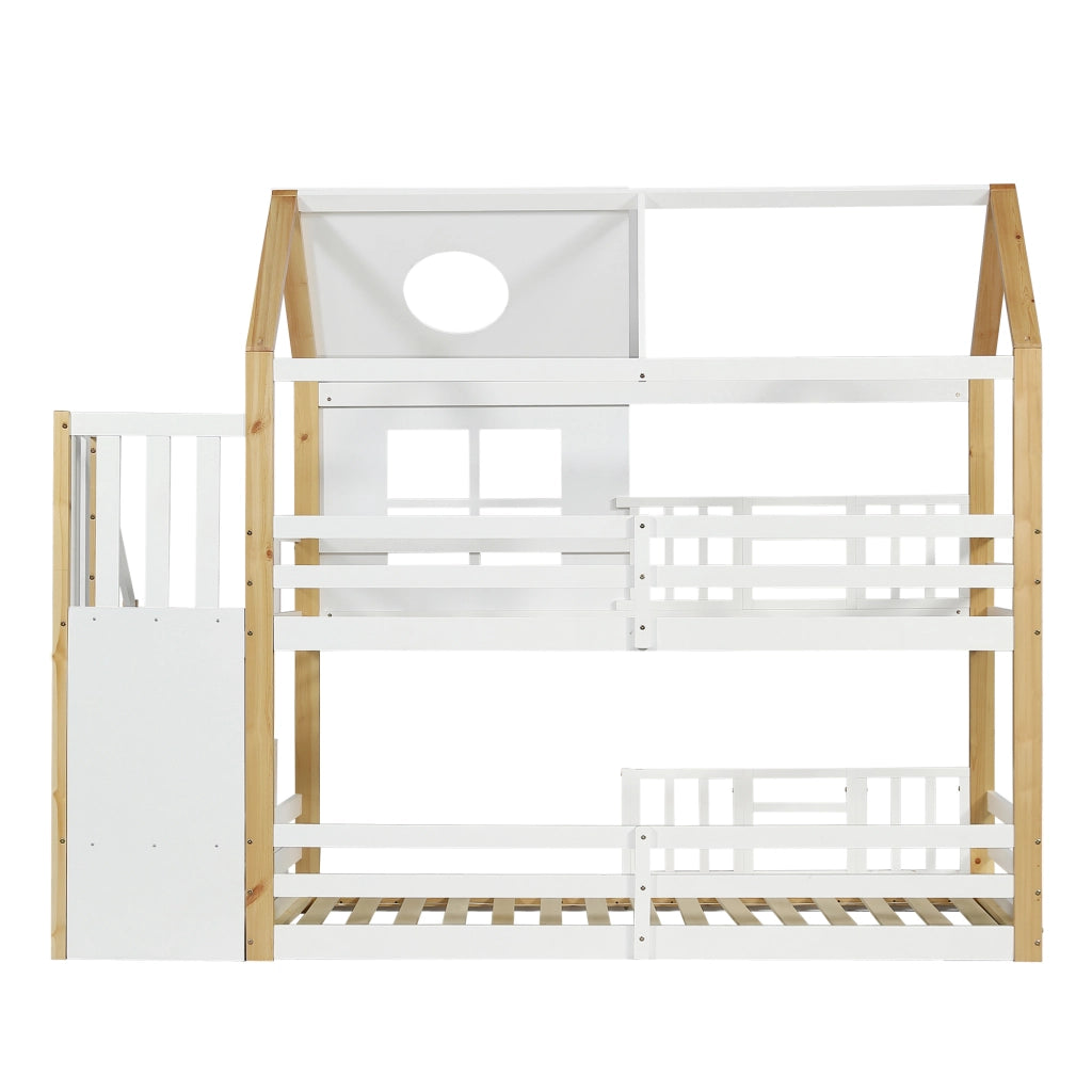 Lit superposé enfant 90x200 cm en pin avec toit; fenêtres; escalier de rangement et barrières de sécurité