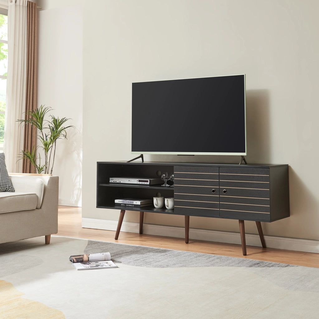 Mobile TV Vare con 2 Ante e 2 Scomparti Aperti 160 x 40 x 66 cm - Nero [en.casa]