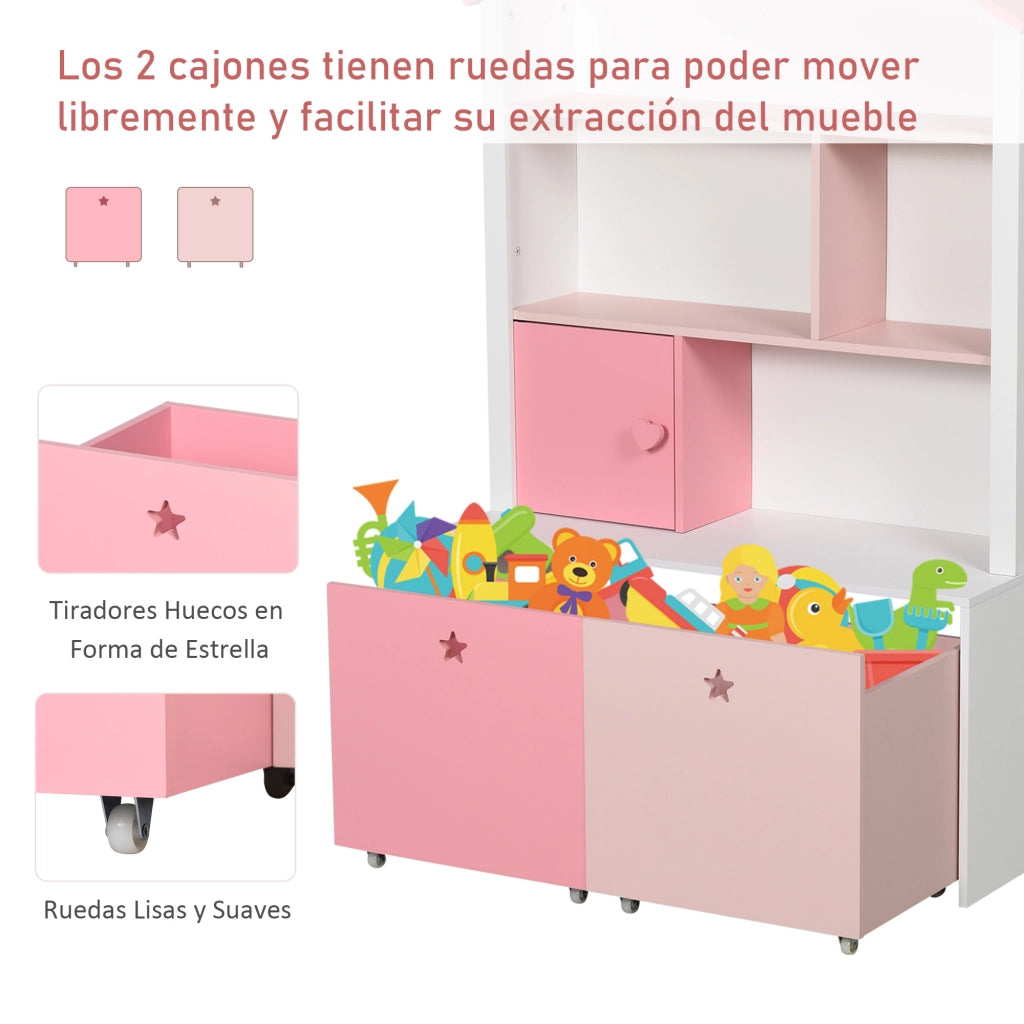 Libreria bambini con 4 ripiani, 1 porta e 2 cassetti ¨C zephmum ¨C rosa e bianco 80x34x130 cm