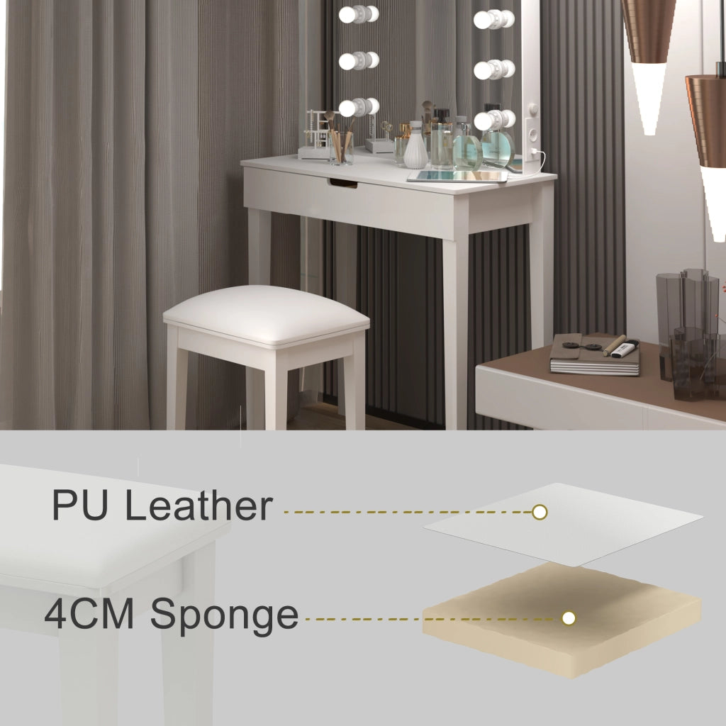 Toeletta con specchio LED a 6 luci; sgabello e 2 cassetti con prese USB e Type-C in MDF bianca per camera