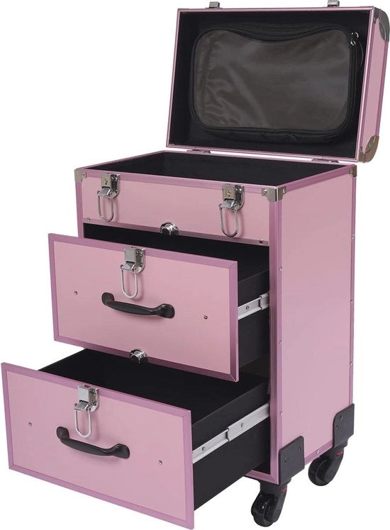 Trolley Cosmetica Grande con 2 Cassetti e Ruote - Borsa di Trucco Professionale 36x23x58 cm, Alta Capacità, Rosa, Manuale a Rotazione