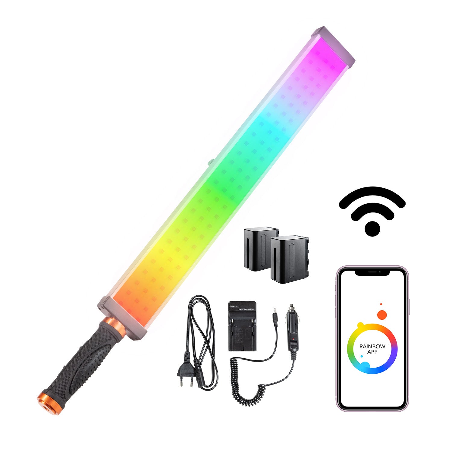 LED Rainbow RGB Stick 18W Set - composto da Rainbow LED RGB Stick, impugnatura, alimentatore, borsa per il trasporto e la conservazione, caricabatterie e 2 batterie