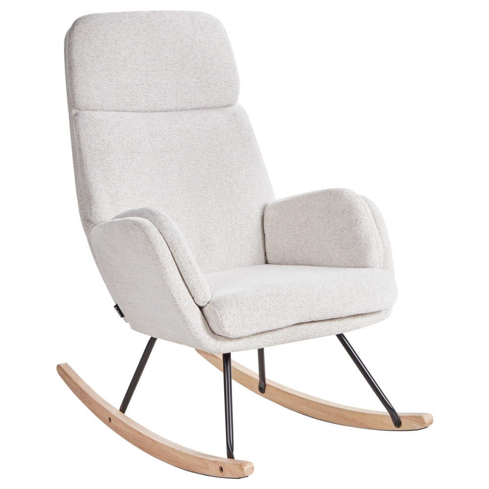 Sedia a dondolo in tessuto bianco sporco gambe in legno e metallo pattini design moderno soggiorno