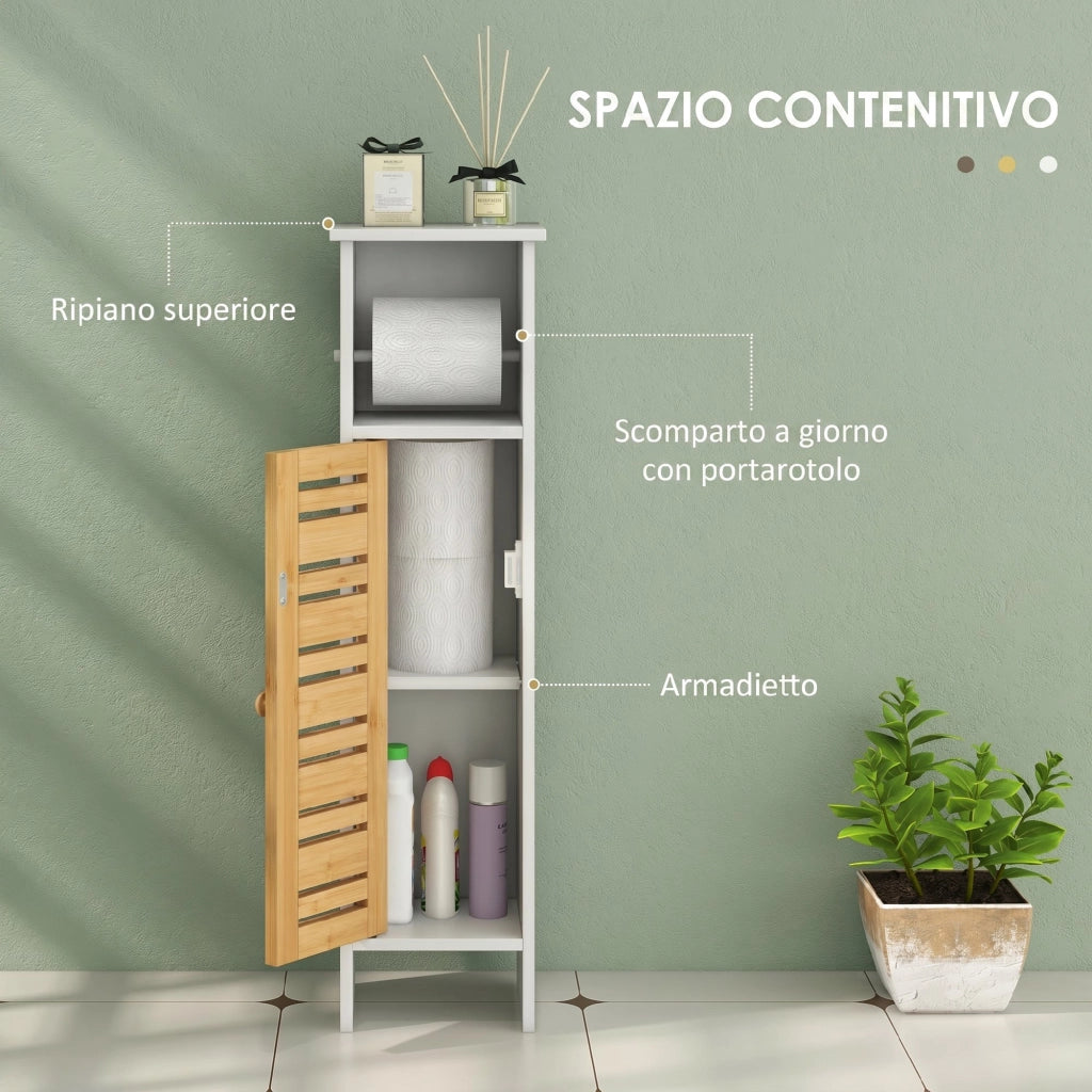 Mobile da Bagno 21x17x78 cm con Porta Rotolo di Carta Igienica e Armadietto in Bambù e MDF Bianco