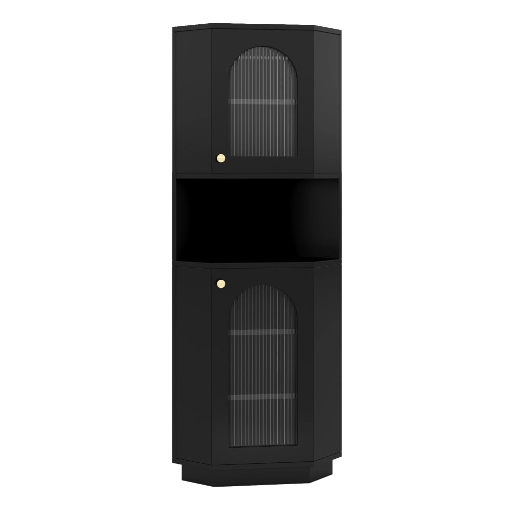 Armadietto da bagno angolare con LED e ripiani regolabili, 2 vani aperti, in MDF, nero, 45 × 45 × 166,5 cm