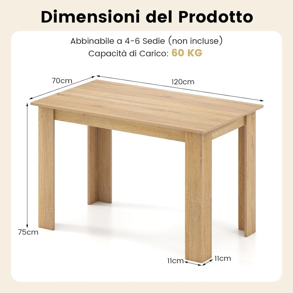 Tavolo da Pranzo 120 cm per 4-6 Persone, Tavolo Rettangolare in Legno in Stile Rustico, Tavolino Elegante per Cucina, Soggiorno e Sala da Pranzo, 120 x 70 x 75 cm