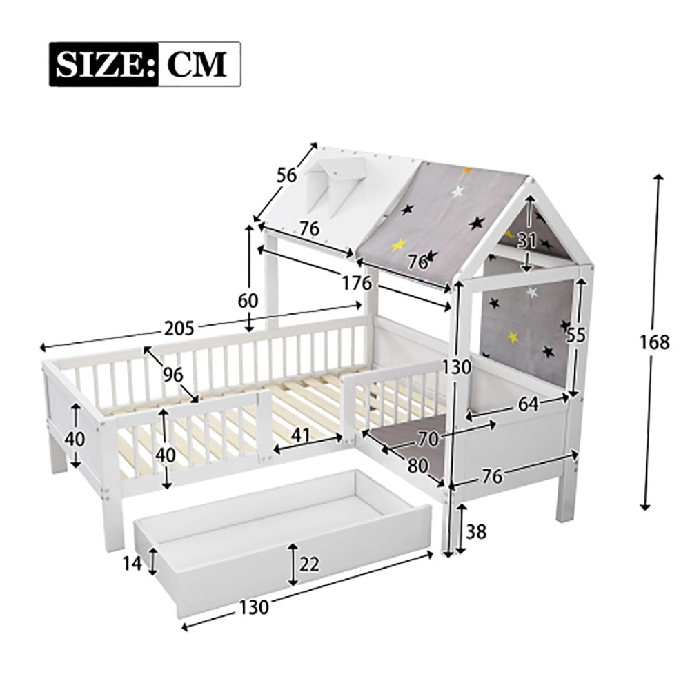 Lit a forma di casa per bambini - Xylo - 90x200 cm - Legno - Bianco - Con tenda e cassetti