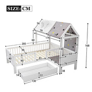 Lit a forma di casa per bambini - Xylo - 90x200 cm - Legno - Bianco - Con tenda e cassetti