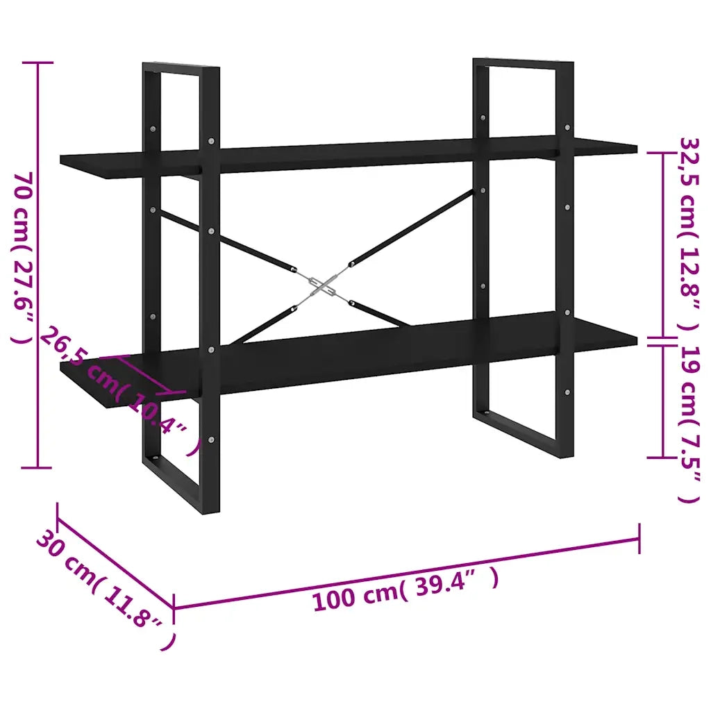 Libreria a 2 Ripiani-Scaffale per Libri-Mobile di Stoccaggio Nera 100x30x70 cm in Legno Multistrato