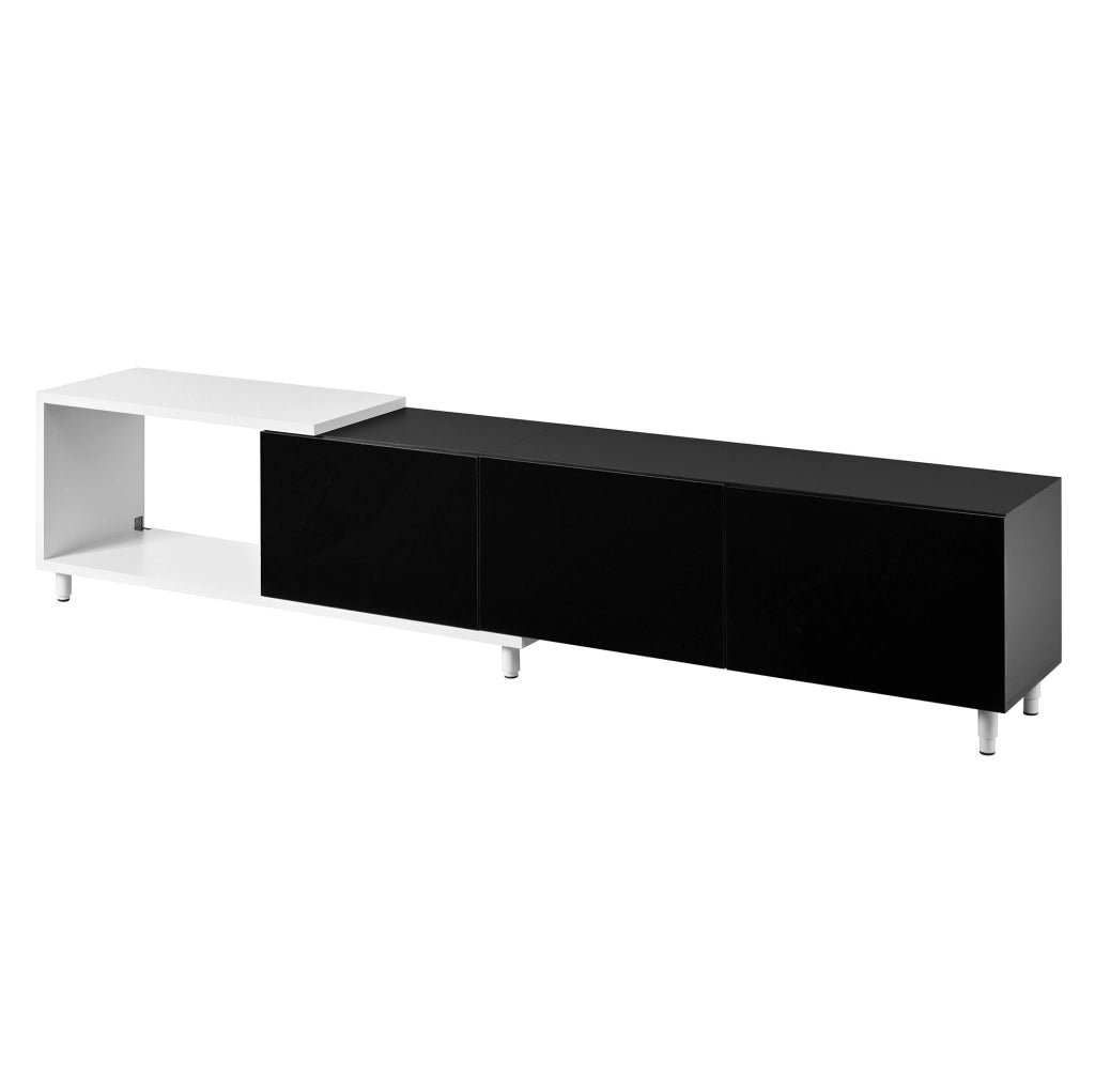 Mobile TV 258x38x48.5 cm allungabile con 3 ante; MDF e pannello truciolare; nero e bianco