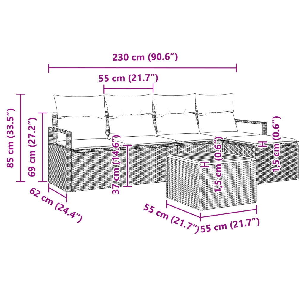 Set Divano da Giardino in 6 pezzi con Cuscini Grigio Polyrattan Acacia