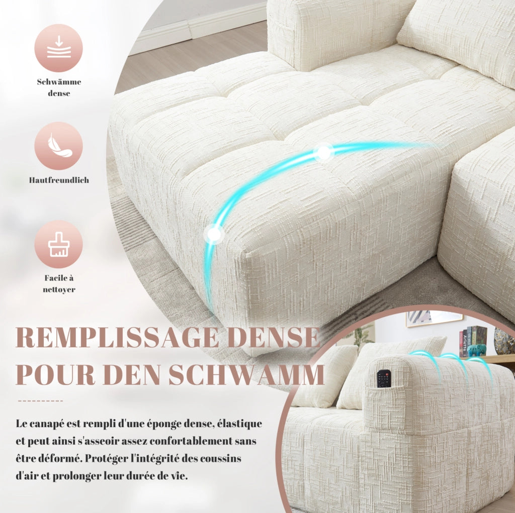 Divano modulare a L 3 posti in chenille beige con chaise longue e braccioli, dimensioni 250x158x60 cm
