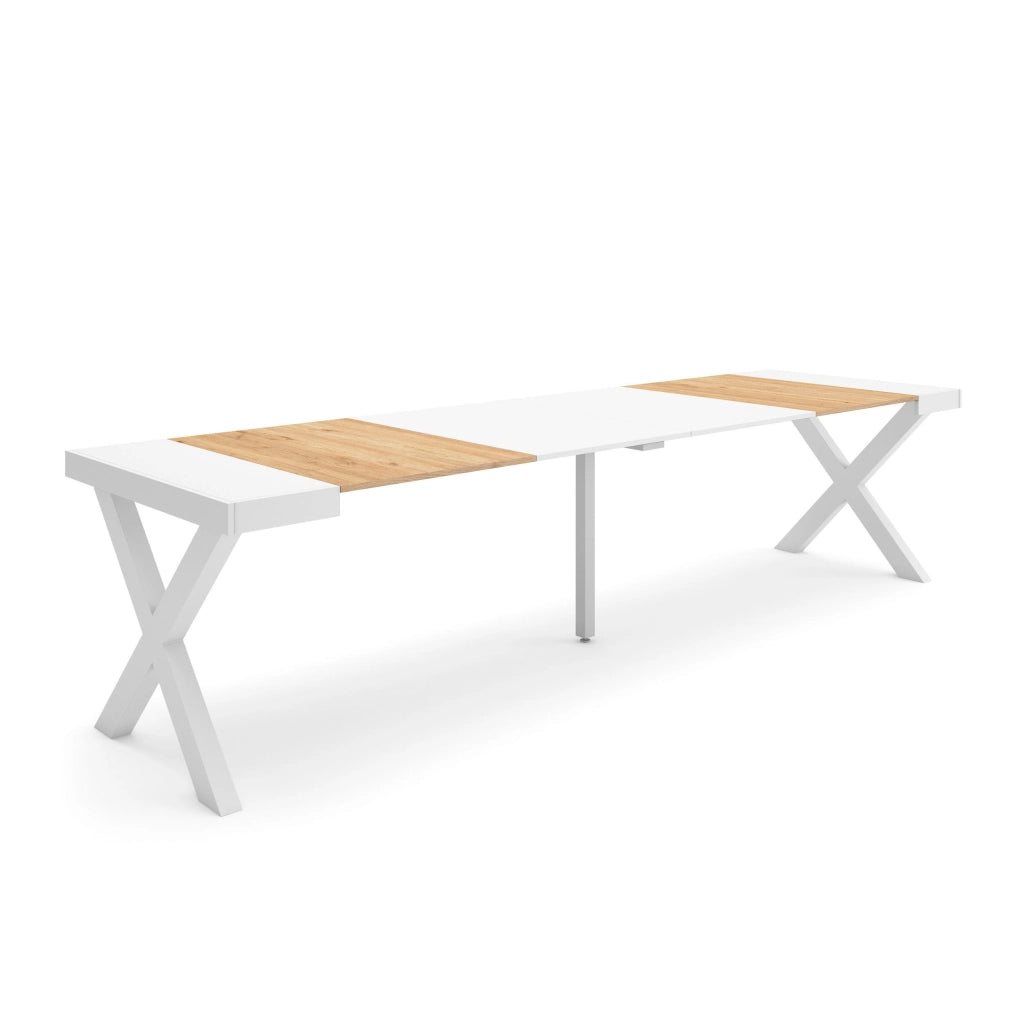 Consolle allungabile, 58 fino 302x90x73cm, Per 14 persone, Gambe in legno, colore Rovere e bianco RF2824