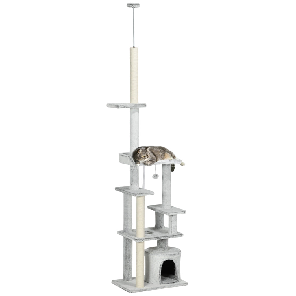 Albero Tiragraffi per Gatti a Soffitto con Piattaforme e Casetta ¨C zephmum ¨C Grigio 60x40x225-255cm