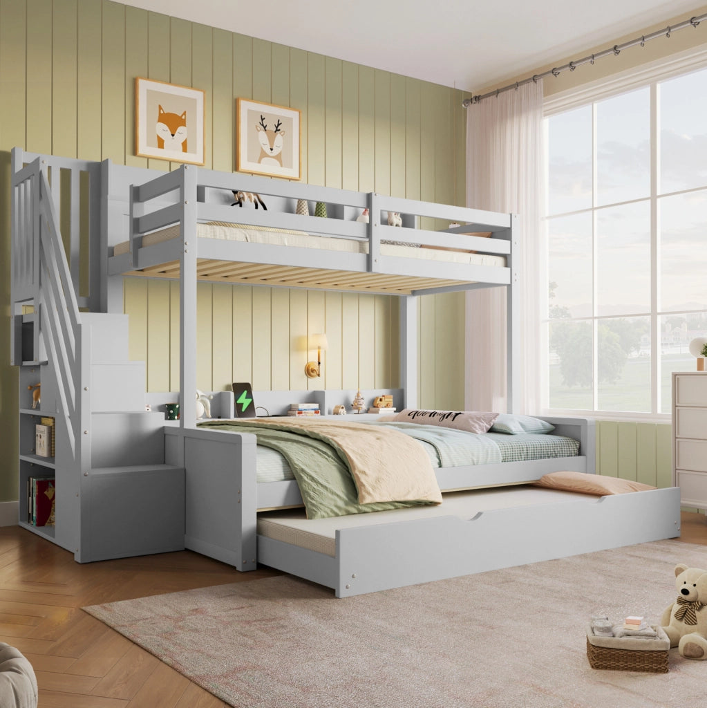 Letto a castello 90x200 e 140x200 cm con letto estraibile; scala contenitore e USB; grigio