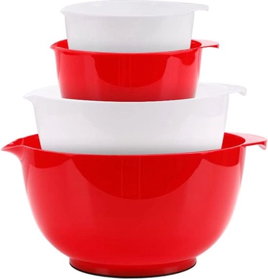 Set di ciotole per mescolare in plastica con fondo antiscivolo, set di piatti da servire per cucina, 4 pezzi (rosso e bianco)