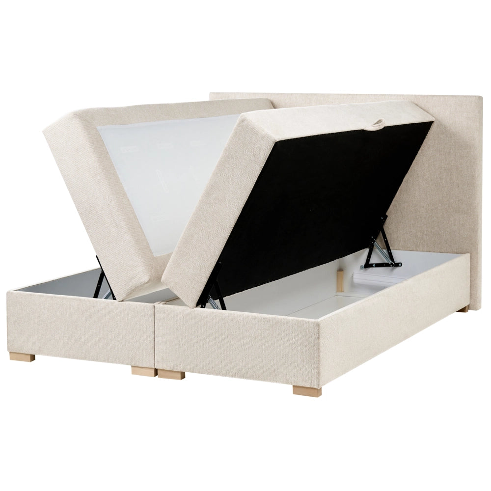 Letto matrimoniale con contenitore sollevabile in tessuto beige chiaro 140 x 200 cm con testiera stile moderno