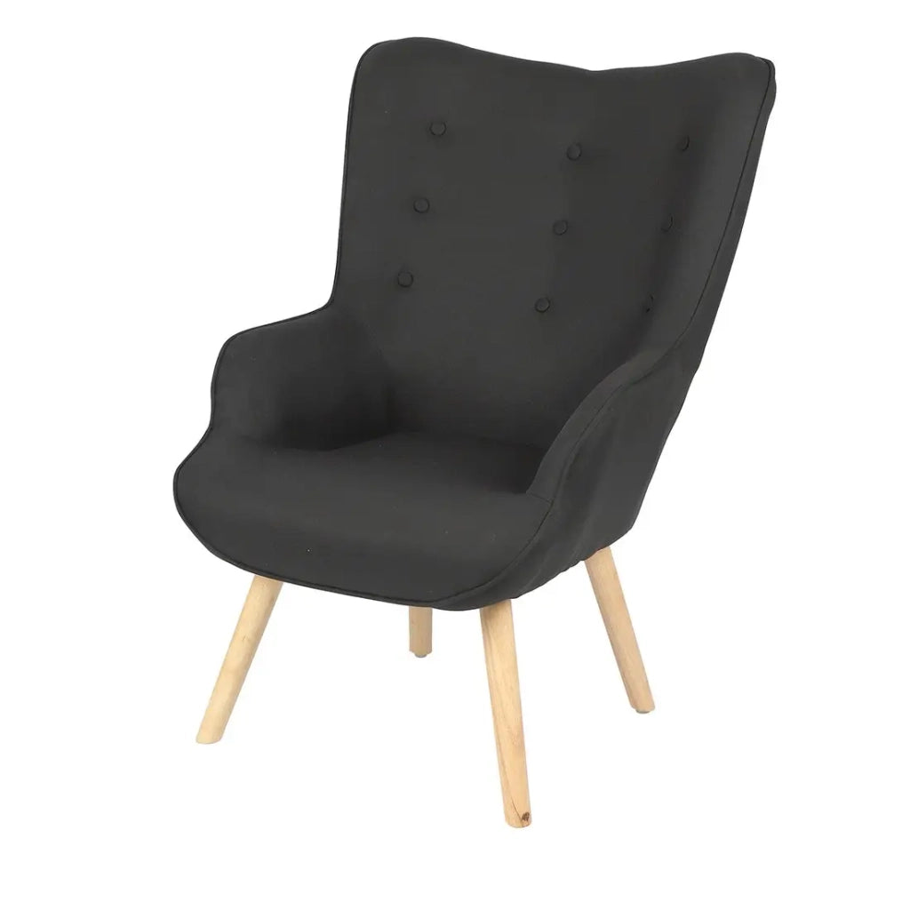 Poltrona da salotto in tessuto nero con piedi in legno collezione ENJOY. Stile scandinavo.