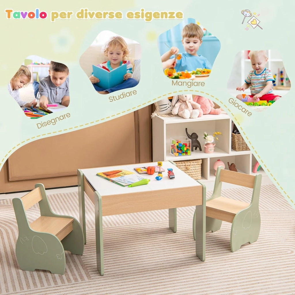 3 in 1 Set Tavolo e Sedie per Bambini, Tavolo da Attività per Bambini con 2 Sedie, Lavagna Rimovibile e Deposito, per Giocare, Disegnare e Leggere, in Legno (Verde)