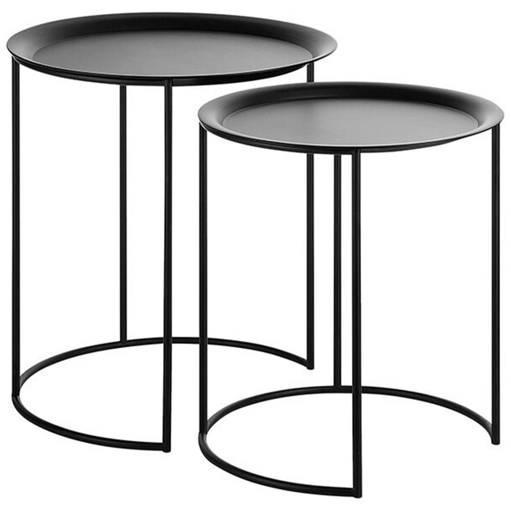Set di 2 tavolini a nido in metallo Nero con piano rotondo a vassoio industriale minimalista