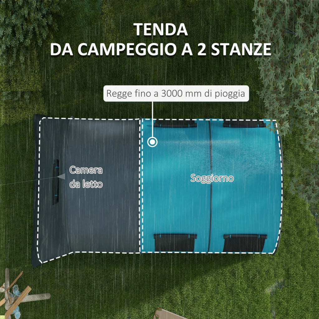 Tenda da Campeggio 3 Posti Impermeabile con Zona Notte e Giorno. in Poliestere. 480x260x200 cm. Grigio e Blu