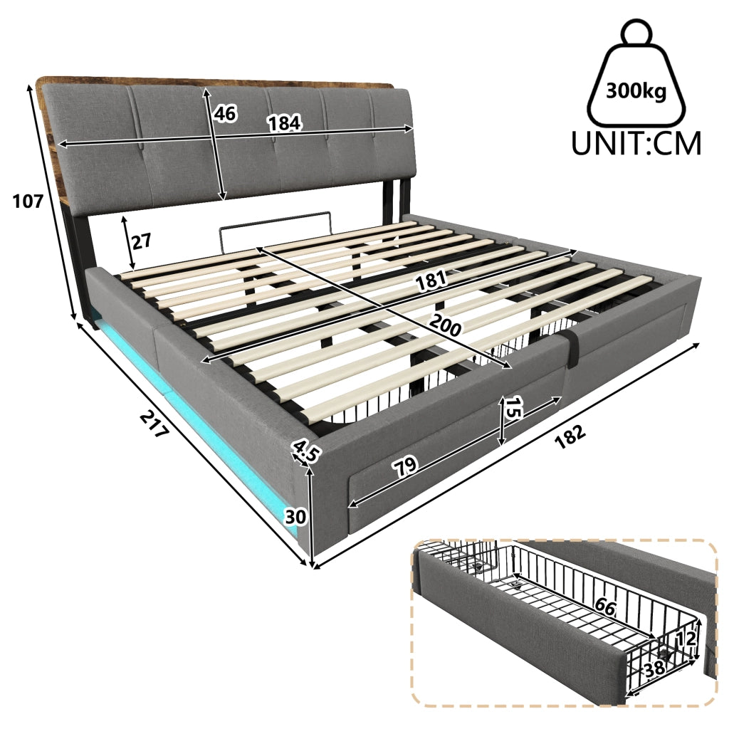 DESMIU Lit con contenitore 180 × 200 cm 2 posti con USB, Type-C, LED e vano idraulico, senza materasso, grigio