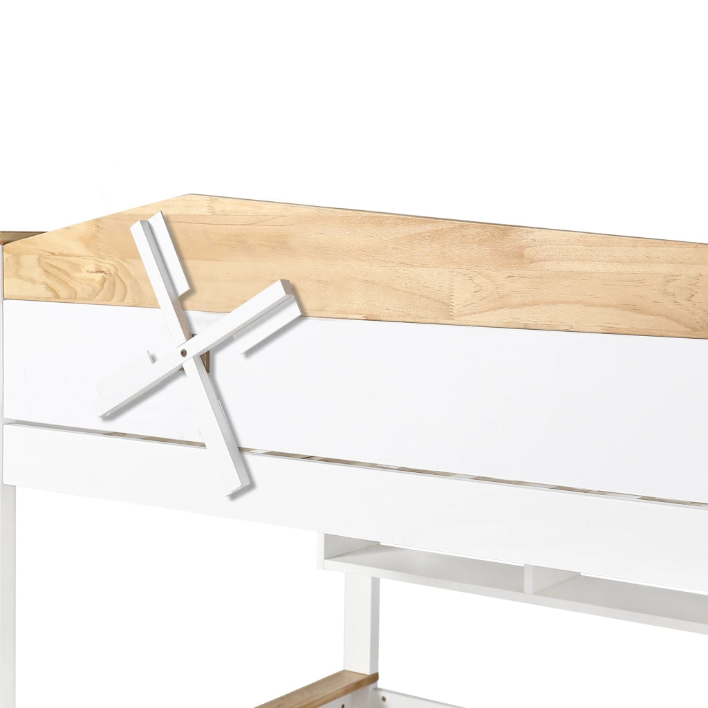 LETTO a castello con mulino a vento e scaffali 90x200+140x200 cm Bianco/Naturale