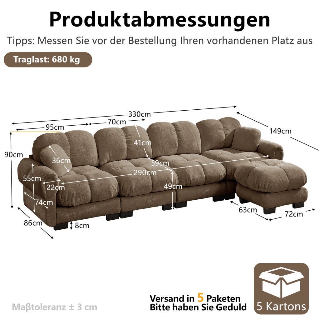 Divano angolare modulare in ciniglia con pouf mobile; marrone