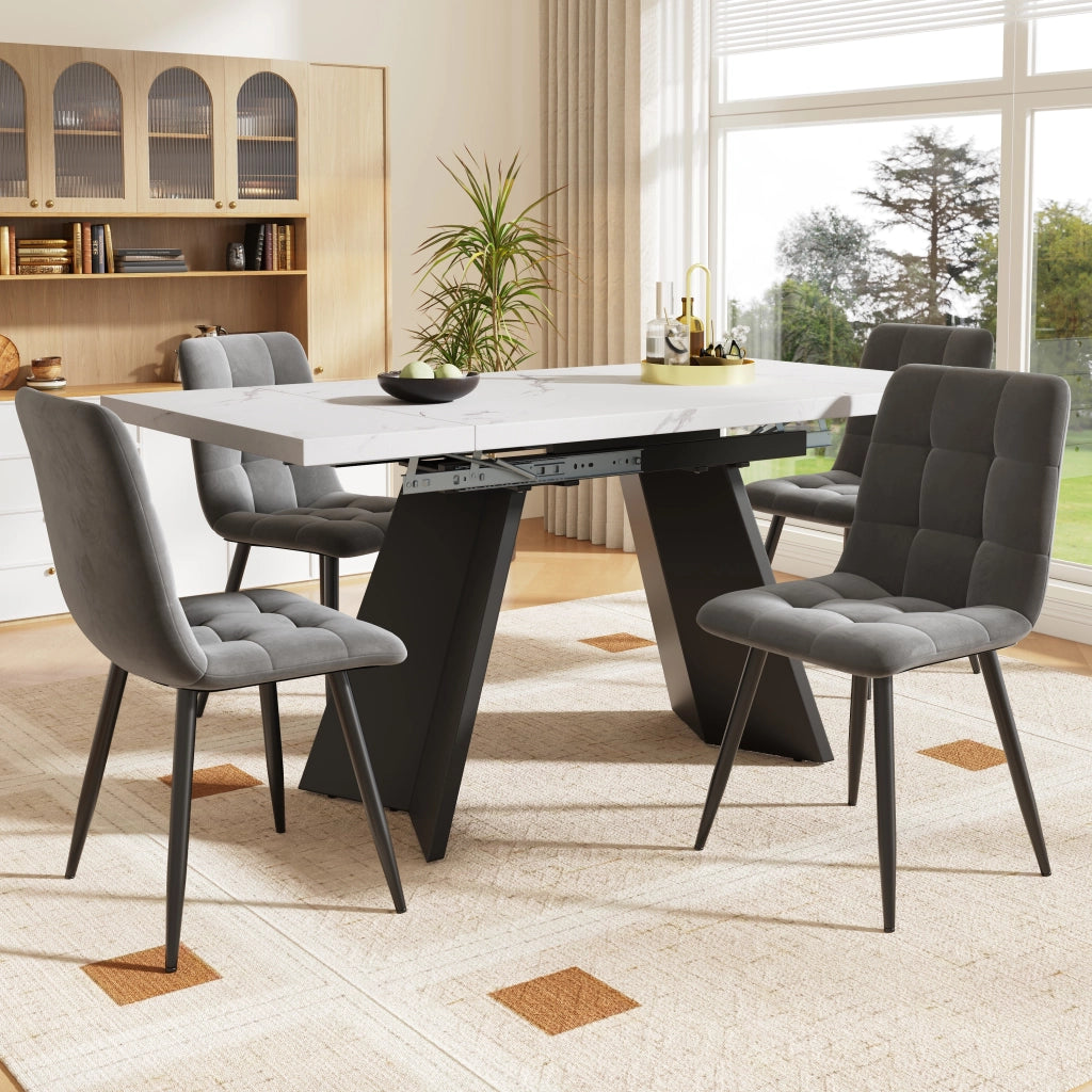 Tavolo da pranzo allungabile con 4 sedie in velluto piano in MDF effetto marmo bianco nero 159 × 74 × 77 cm