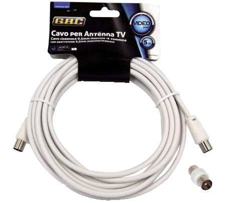 Cavo antenna tv spina/presa bianco 5m + adattatore spina/spina