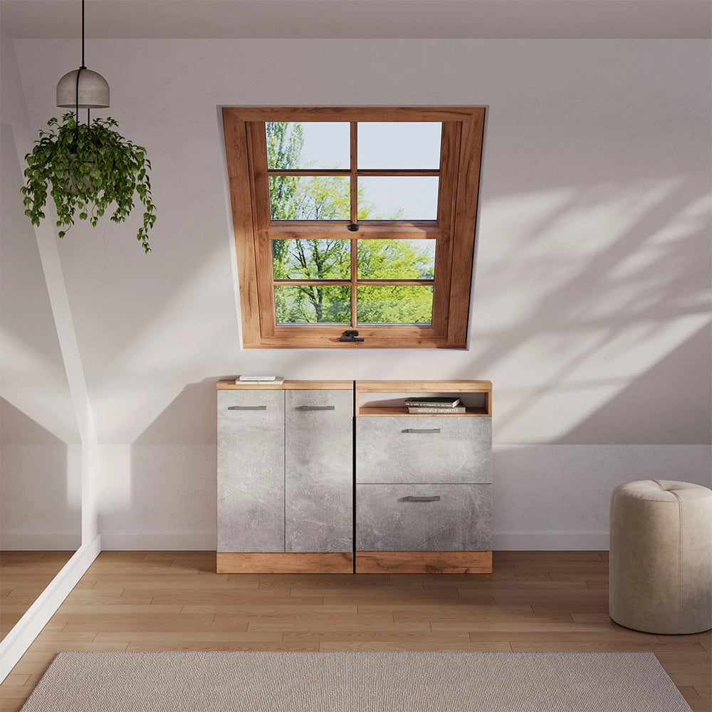 Mobile sottotetto Rion Calcestruzzo/Rovere dorato con 2 cassetti Vicco